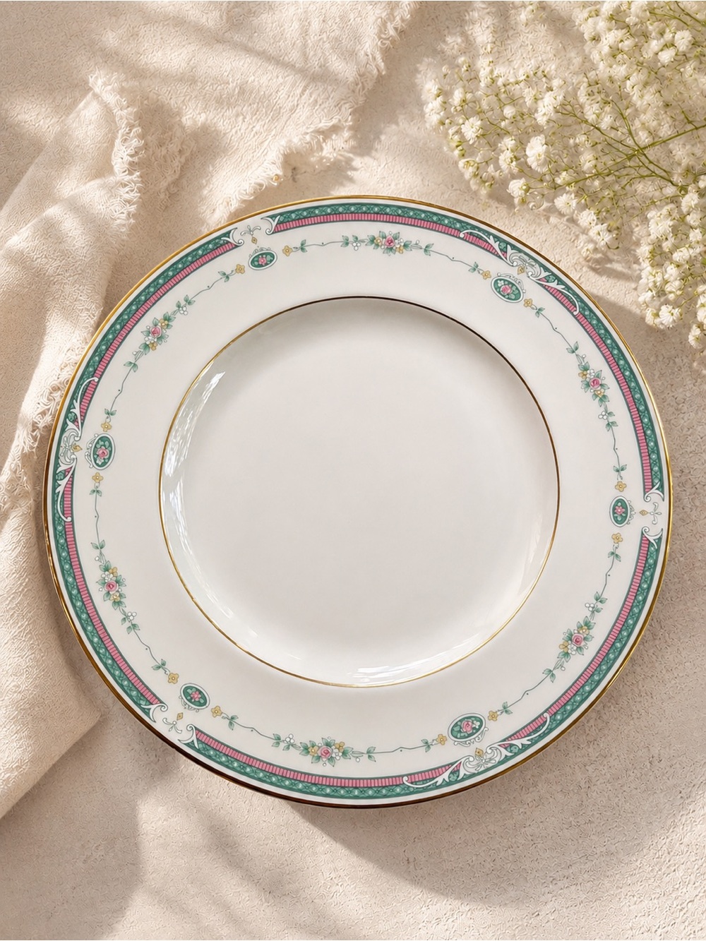 Royal Doulton White Dinner Plate with Pink and Green Floral Border and Gold Trim
